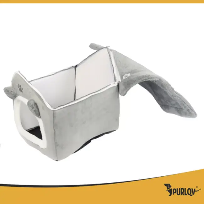 Purlov Grijs kattenhuis – pluche bed met dak en kussen