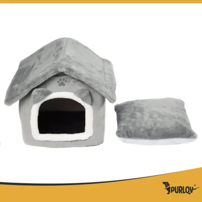 Purlov Grijs kattenhuis – pluche bed met dak en kussen
