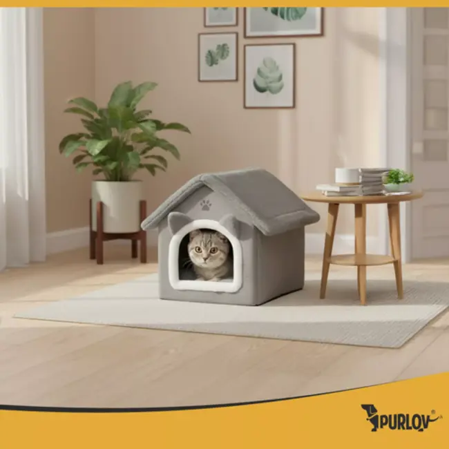 Purlov Grijs kattenhuis – pluche bed met dak en kussen