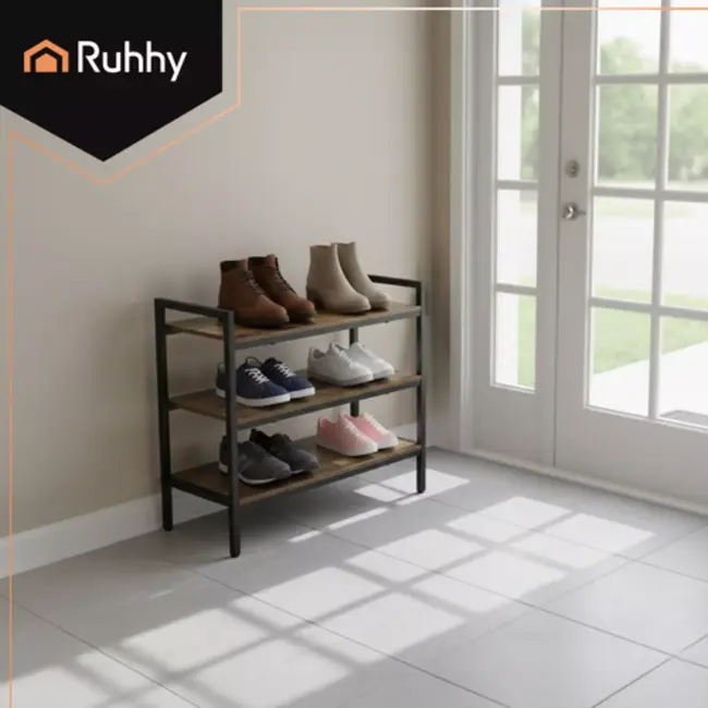 Ruhhy schoenenkast – 3-laags metalen schoenenrek met houten planken in moderne loftstijl