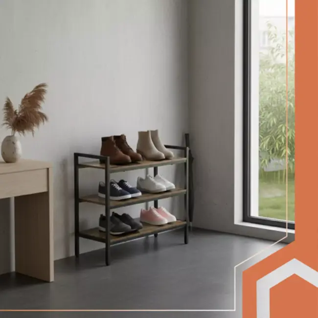 Ruhhy schoenenkast – 3-laags metalen schoenenrek met houten planken in moderne loftstijl