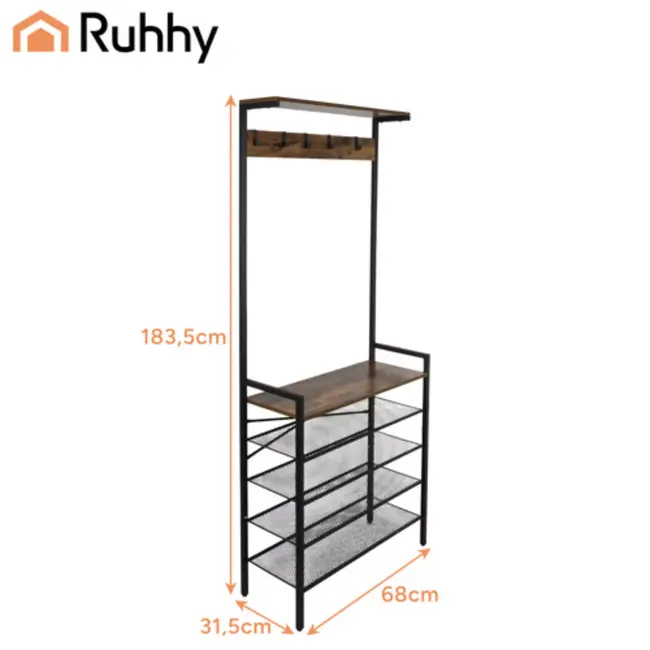 Ruhhy staande kapstok 189 cm – metalen frame met houten planken en 5 dubbele haken, industrieel ontwerp voor hal of kantoor
