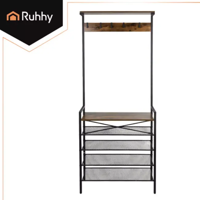 Ruhhy staande kapstok 189 cm – metalen frame met houten planken en 5 dubbele haken, industrieel ontwerp voor hal of kantoor