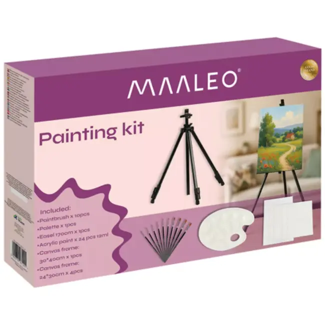 Maaleo schilder- en tekenset – 41-delige creatieve set met ezel, acrylverf, penselen en doeken