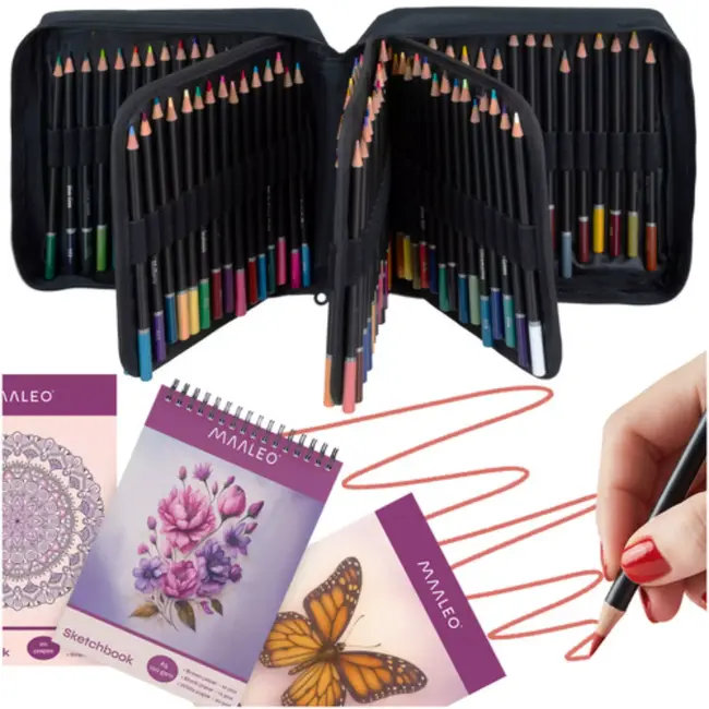 Maaleo teken- en kleurset 120 kleuren – complete creatieve potlodenset met luxe etui, schetsboek en oefenboek