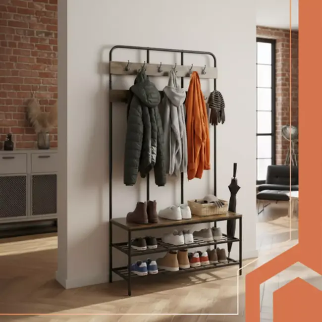Ruhhy kapstok met schoenenrek – metalen staand rek met bankje en 12 dubbele haken