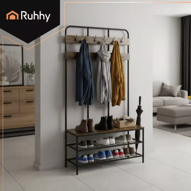 Ruhhy kapstok met schoenenrek – metalen staand rek met bankje en 12 dubbele haken
