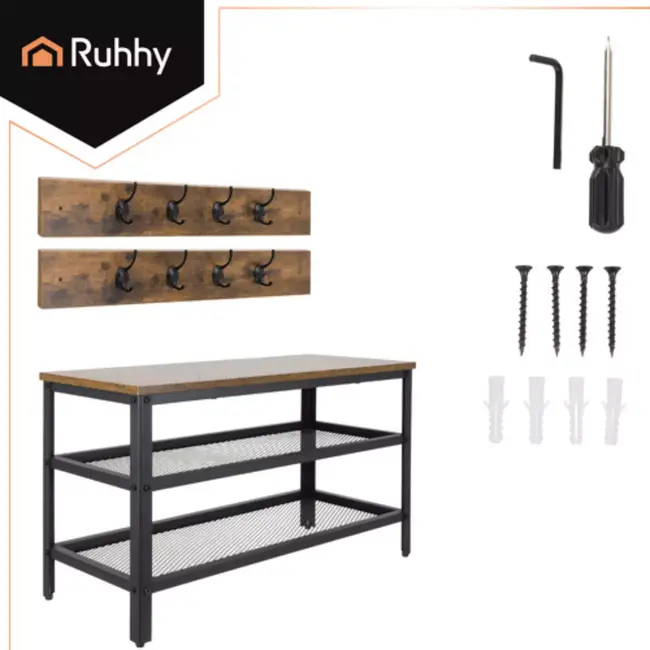 Ruhhy halmeubel – 2-in-1 schoenenrek en kapstok met zitbank en 16 haken, industrieel ontwerp