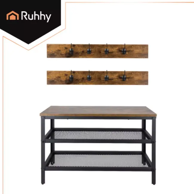 Ruhhy halmeubel – 2-in-1 schoenenrek en kapstok met zitbank en 16 haken, industrieel ontwerp
