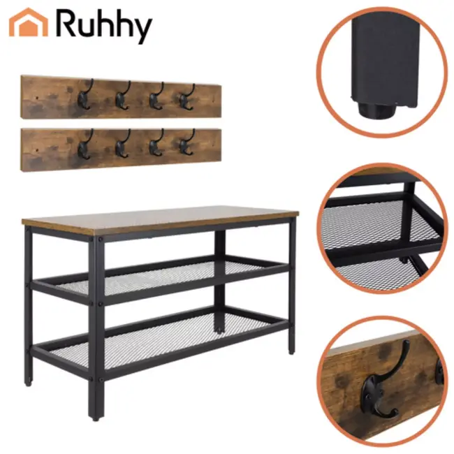 Ruhhy halmeubel – 2-in-1 schoenenrek en kapstok met zitbank en 16 haken, industrieel ontwerp