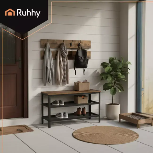 Ruhhy halmeubel – 2-in-1 schoenenrek en kapstok met zitbank en 16 haken, industrieel ontwerp