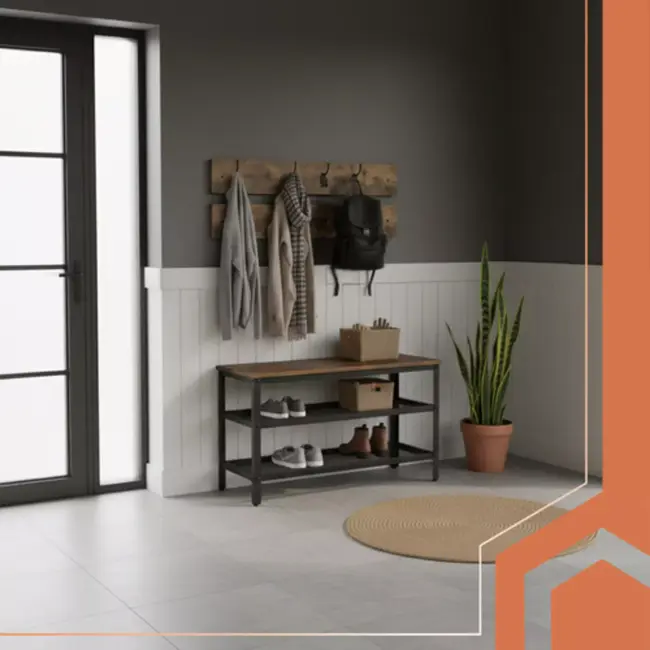 Ruhhy halmeubel – 2-in-1 schoenenrek en kapstok met zitbank en 16 haken, industrieel ontwerp
