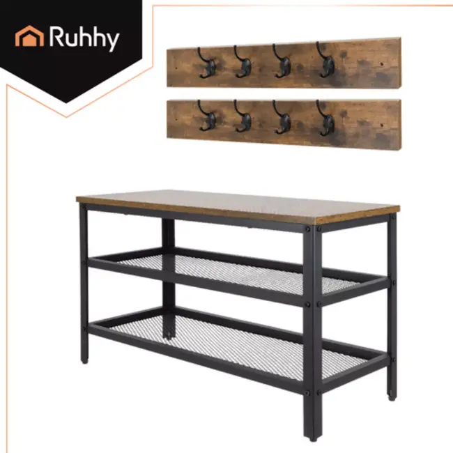Ruhhy halmeubel – 2-in-1 schoenenrek en kapstok met zitbank en 16 haken, industrieel ontwerp