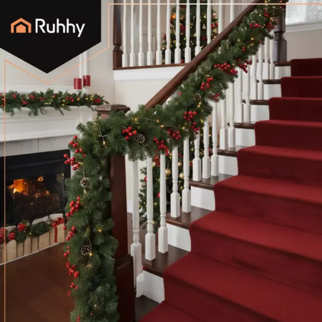 Ruhhy kerstguirlande 270 cm – volle groene kerstslinger met realistische naalden en flexibel frame