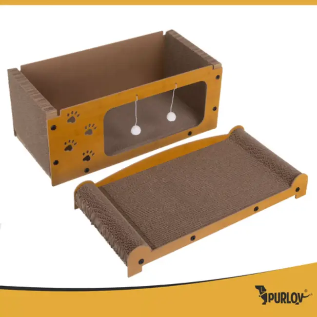 Purlov Kattenhuis met krabpaal – stevig HDF en ecologisch karton, 2 verdiepingen met speeltjes voor actieve katten