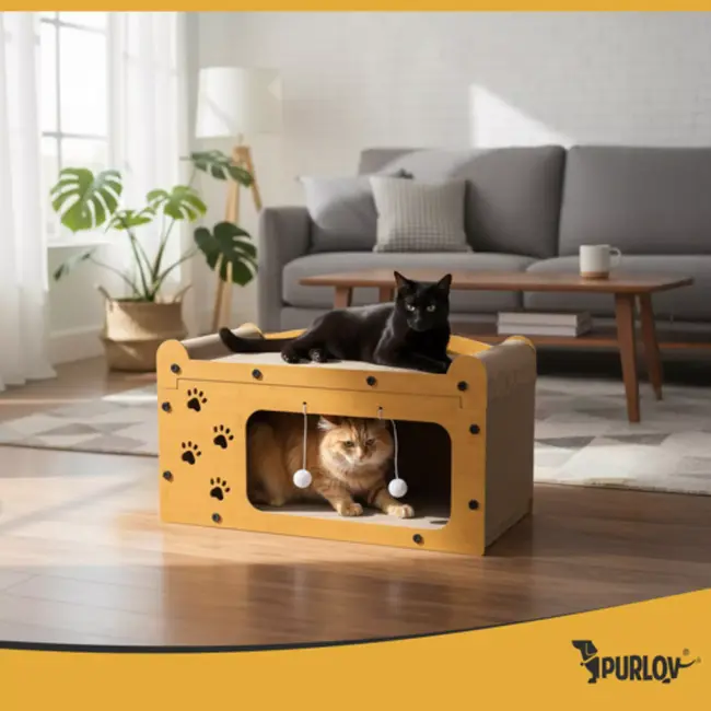 Purlov Kattenhuis met krabpaal – stevig HDF en ecologisch karton, 2 verdiepingen met speeltjes voor actieve katten