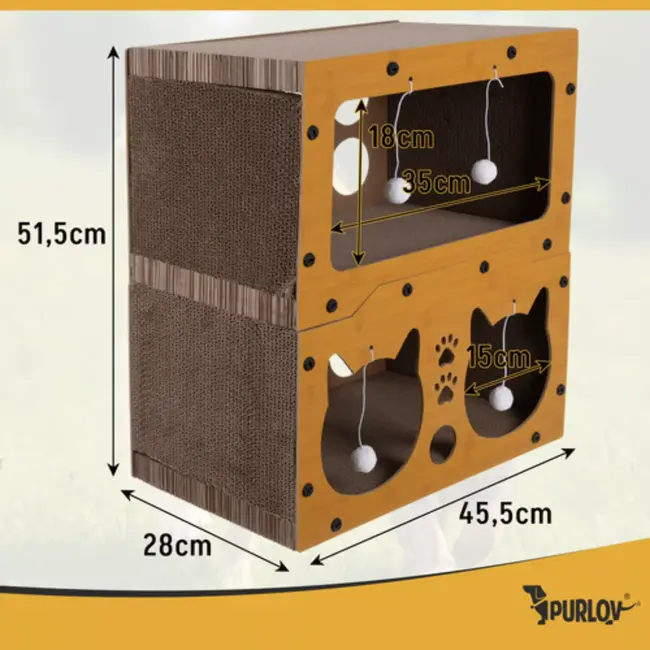 Purlov Kattenhuis met krabpaal – duurzaam HDF en karton, 2 verdiepingen met 4 ballen voor actieve katten
