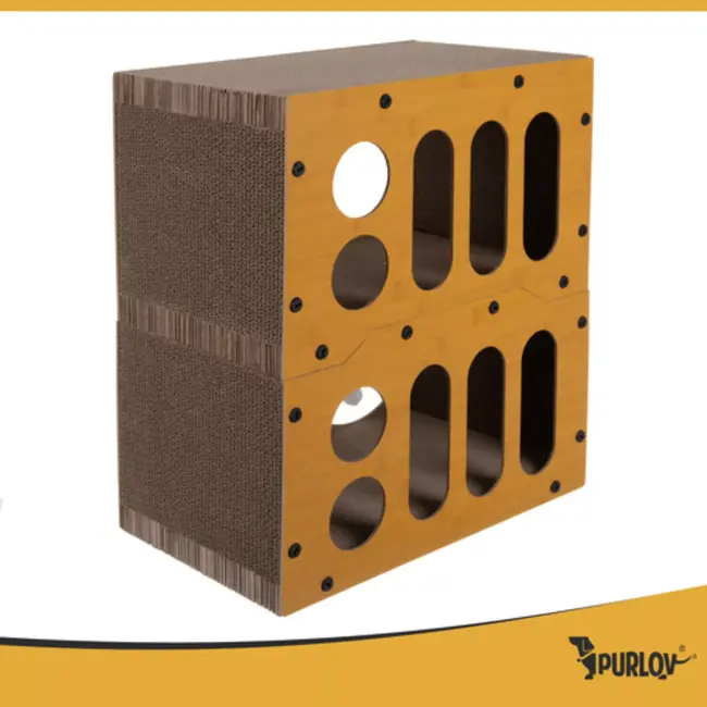 Purlov Kattenhuis met krabpaal – duurzaam HDF en karton, 2 verdiepingen met 4 ballen voor actieve katten