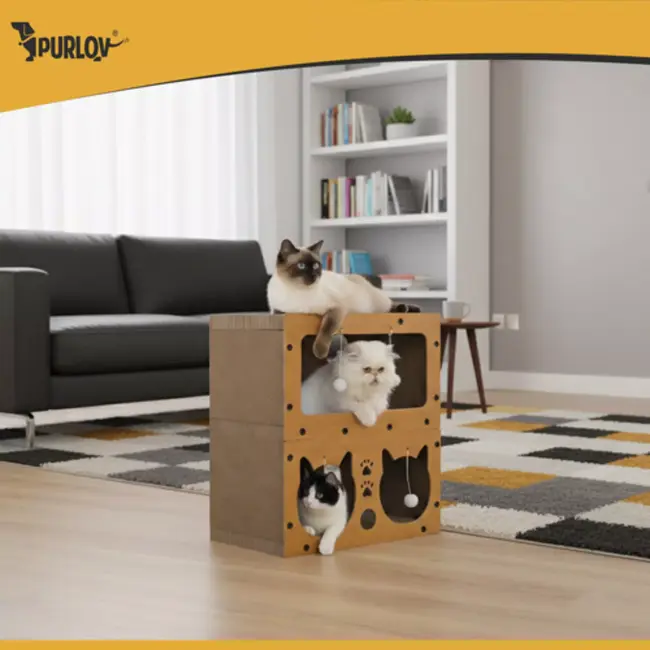 Purlov Kattenhuis met krabpaal – duurzaam HDF en karton, 2 verdiepingen met 4 ballen voor actieve katten