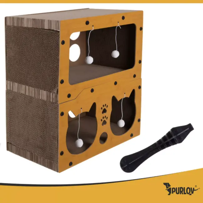 Purlov Kattenhuis met krabpaal – duurzaam HDF en karton, 2 verdiepingen met 4 ballen voor actieve katten