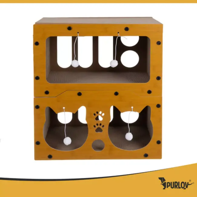 Purlov Kattenhuis met krabpaal – duurzaam HDF en karton, 2 verdiepingen met 4 ballen voor actieve katten