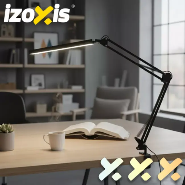 Izoxis 2-in-1 bureaulamp – verstelbare metalen arm, dimbaar LED-licht en tafelklem voor werk of studie