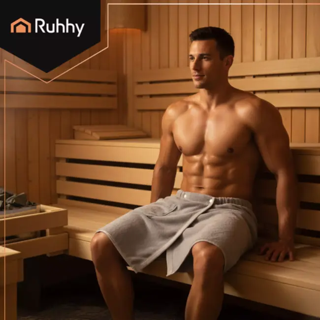 Ruhhy saunakilt heren – sneldrogende katoenen omslagdoek met elastische band en zak voor sauna, spa of sportschool