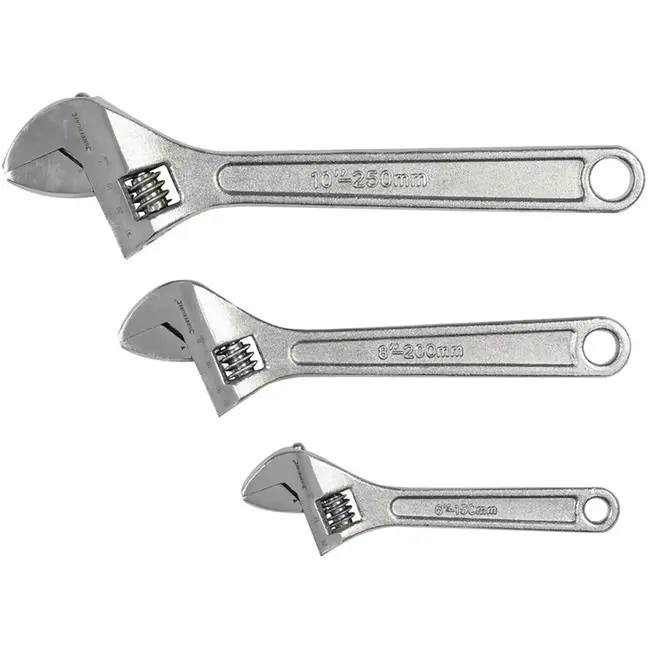Silverline Moersleutelset verstelbaar - verchroomd staal - 150/200/250 mm - zilver - 3 stuks - aandraaien van bouten en moeren