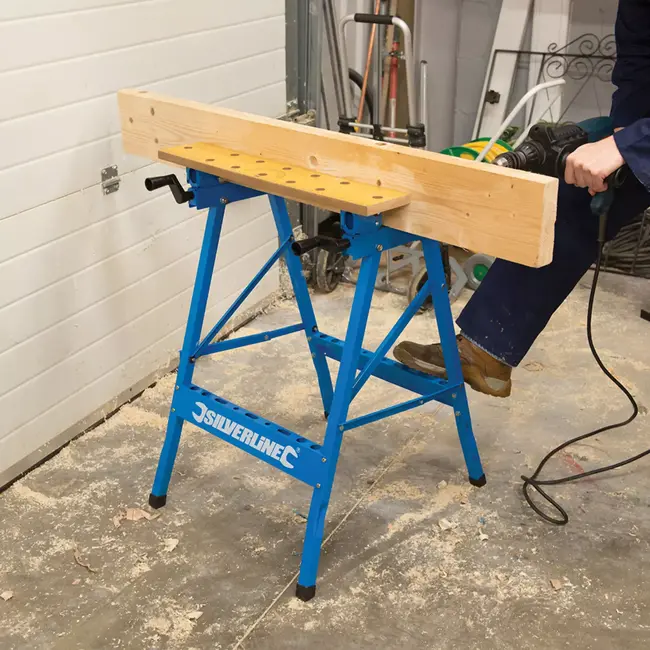 Silverline zware werkbank - stalen frame - kantelbaar werkblad 0°, 45°, 90° - 2x 60,5 x 12 cm - zwart - 150 kg - werkplaats