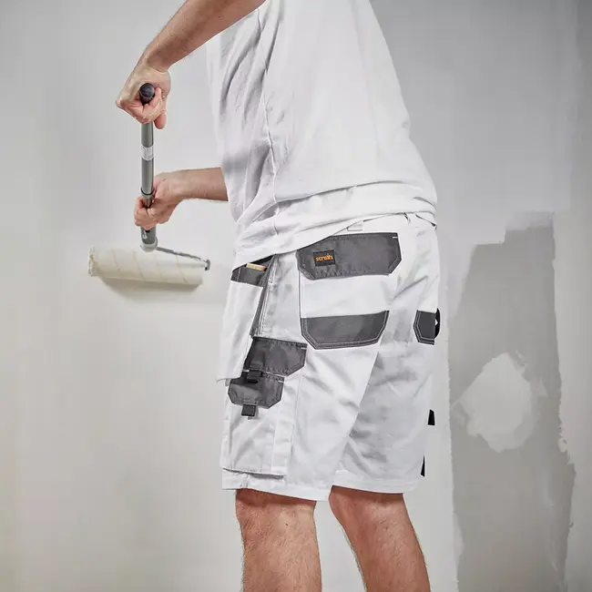 Scruffs korte werkbroek met holsterzakken voor gereedschap - gerecycled polyester/katoen/elastaan - maat 56 - wit - voor de bouw