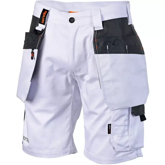 Scruffs korte werkbroek met holsterzakken voor gereedschap – gerecycled polyester/katoen met elastaan – maat 52 – wit – bouw