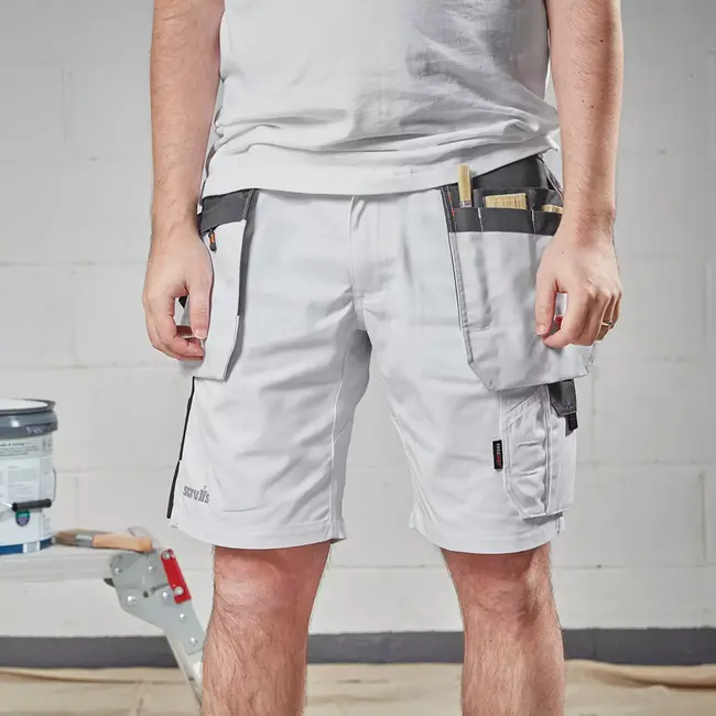 Scruffs Werkshort - gerecycled polyester, katoen, elastaan - holsterzakken en cargozak - maat 42 - wit - voor bouw en kluswerk