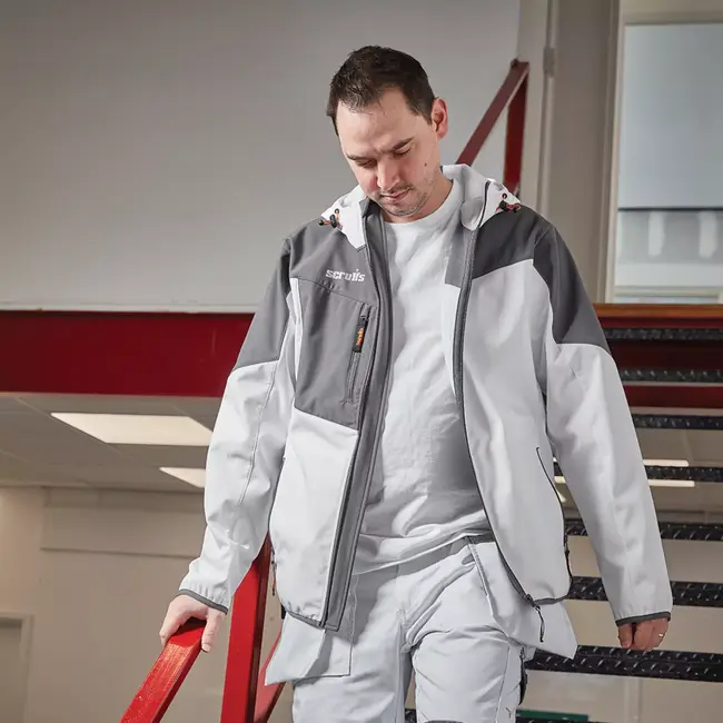 Scruffs Werkjas van softshell - winddicht, ademend en waterafstotend - maat S - wit/grafiet - voor bouw en buitenwerk