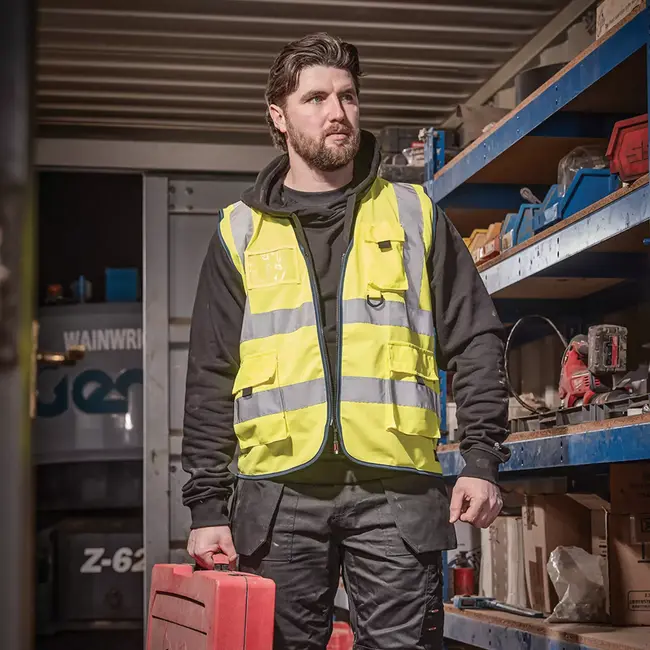 Scruffs Veiligheidsvest polyester hoge zichtbaarheid met ritssluiting, zakken en kaarthouder - maat XXL - geel - werk en bouw