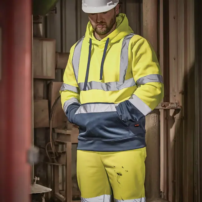 Scruffs Signalisatietrui met capuchon - textiel - hoge zichtbaarheid - maat XL - geel/donkerblauw - bouw en weg