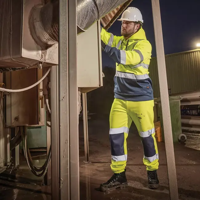 Scruffs Signaleringscapuchontrui - textiel - hoge zichtbaarheid - maat L - geel/marineblauw - voor werk en bouwplaats