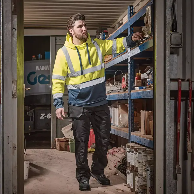 Scruffs Werktrui met capuchon - synthetisch - hoge zichtbaarheid met reflectie - maat M - geel en marineblauw - bouw