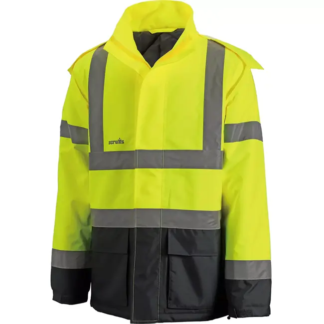 Scruffs Signaalwerkjas - polyester 180 g/m2 - waterdicht, reflecterend en warm gevoerd - maat XXL - geel/marineblauw - bouw