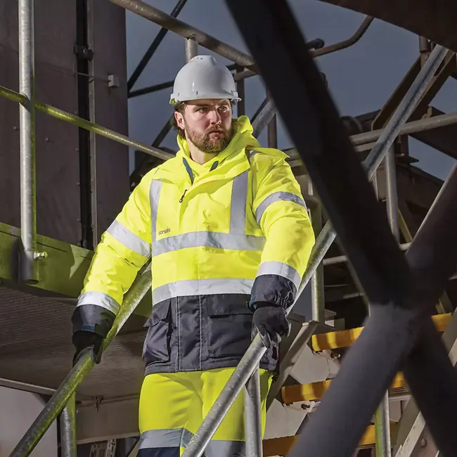 Scruffs werkjas met hoge zichtbaarheid - waterdicht en gevoerd - polyester - maat M - geel/donkerblauw - buitenwerk en bouw