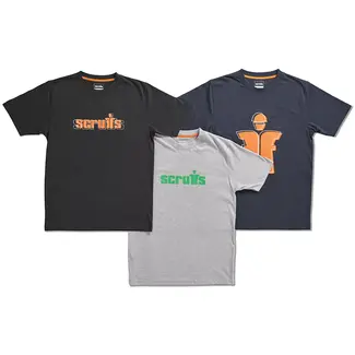 Scruffs T-shirtset - textiel - met logo-opdruk en ademend comfort - maat M - diverse kleuren - 3 stuks - voor werk en vrije tijd