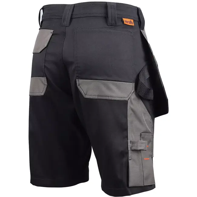 Scruffs Korte werkbroek met holsterzakken - gerecycled polyester-katoen met elastaan 250 g/m2 - maat 54 - zwart - voor bouw