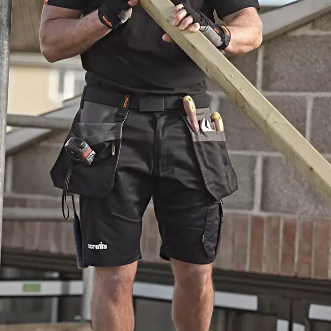 Scruffs werkshort - gerecycled polyester/katoen/elastaan 250 g/m2 - holsterzakken - maat 44 - zwart - voor bouw en klussen