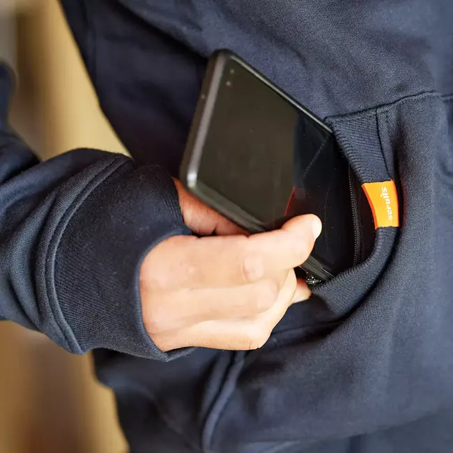 Scruffs Werktrui met capuchon - katoen/polyester 320 g/m2 - ademend met ritszak - maat L - marineblauw - werk