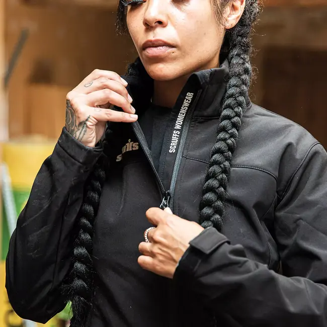 Scruffs softshell werkjas voor dames - polyester met elastaan - waterafstotend, ademend - maat 38 - zwart - buitenwerk