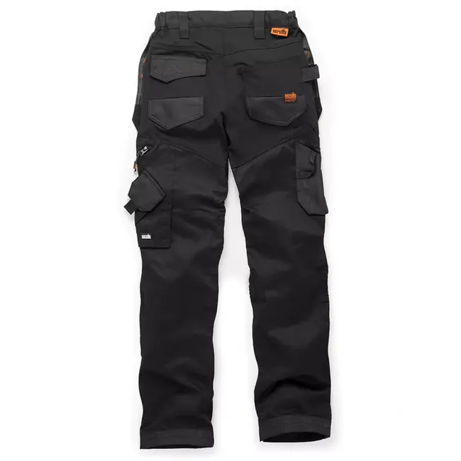 Scruffs Dames werkbroek polyester katoen elastisch met holsterzakken maat 34 R zwart slijtvaste kniezakken voor bouw en klus