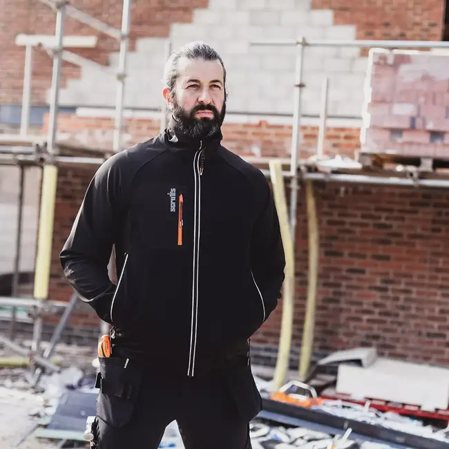 Scruffs Werkjas van rekbare stof - maat XL - polyester en elastaan - ademend en waterbestendig - zwart met ritszakken