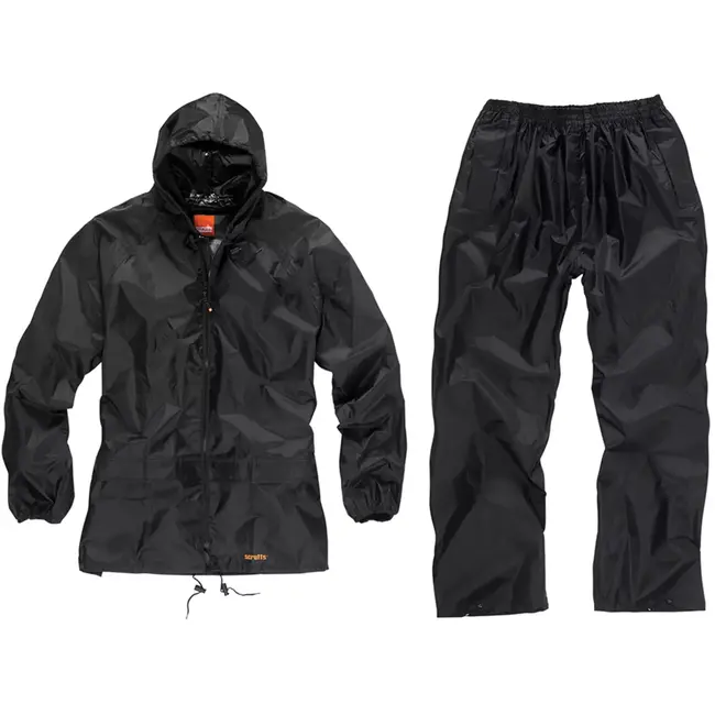 Scruffs Regenpak 2-delig - maat L - polyester en PVC - waterdicht, getapete naden, capuchon - zwart - buitenwerk