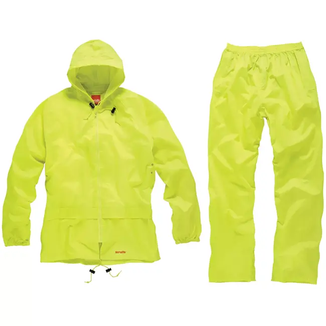 Scruffs Regenpak - polyester/PVC - waterdicht met getapete naden en capuchon - maat L - geel - 2-delig - bouw en tuin