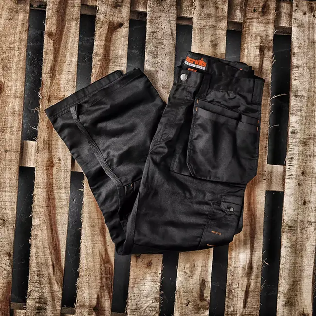 Scruffs Werkbroek – polyester-katoen keperstof 250 g/m2 – holster- en cargozakken, kniezakken – maat 40 R – zwart – voor bouw