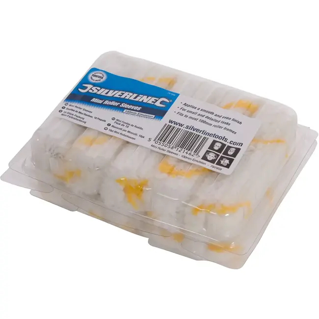 Silverline Mini verfrollers - synthetisch - voor gladde oppervlakken en detailwerk - 100 mm - wit - set 10 - meubels en kozijnen